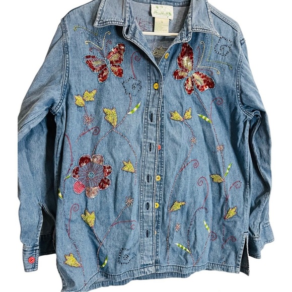Vintage 90s boho sequin beaded butterfly floral chambray denim button up medium - Picture 1 of 3
